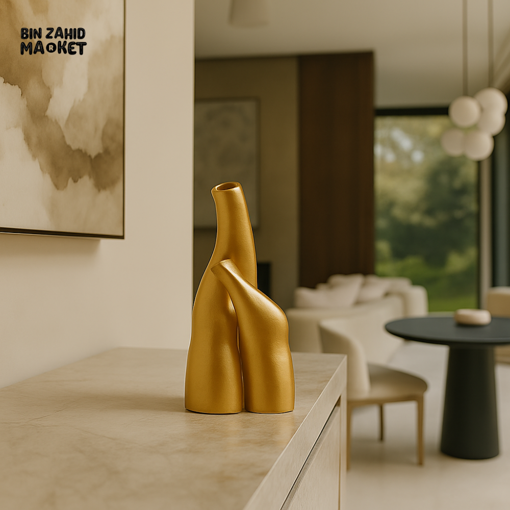 MODERN ABSTRACT CERAMIC VASE LUXURY HOME DECOR SCULPTURE FOR INTERIORS - GOLDEN