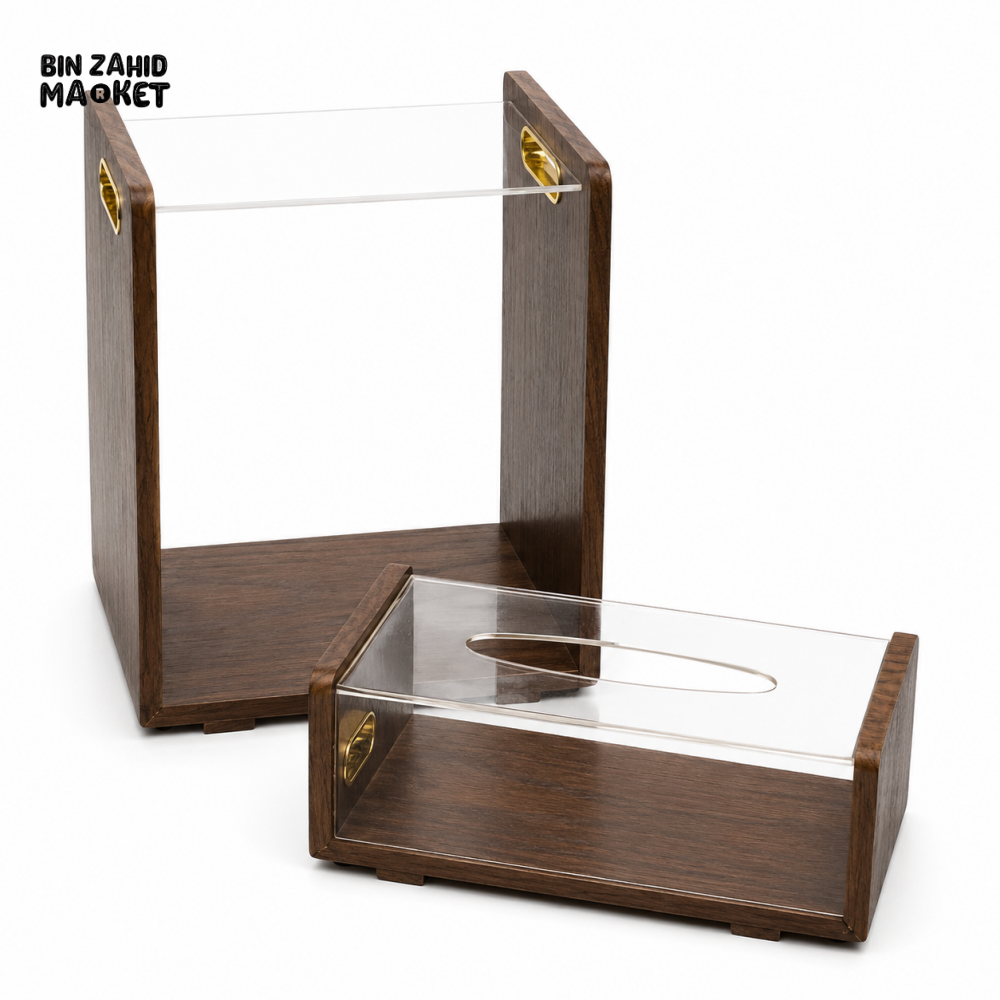 MODERN ACRYLIC & WOODEN TISSUE BOX WITH MATCHING DUSTBIN SET
