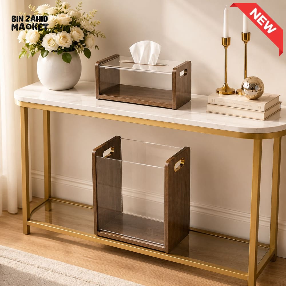 MODERN ACRYLIC & WOODEN TISSUE BOX WITH MATCHING DUSTBIN SET