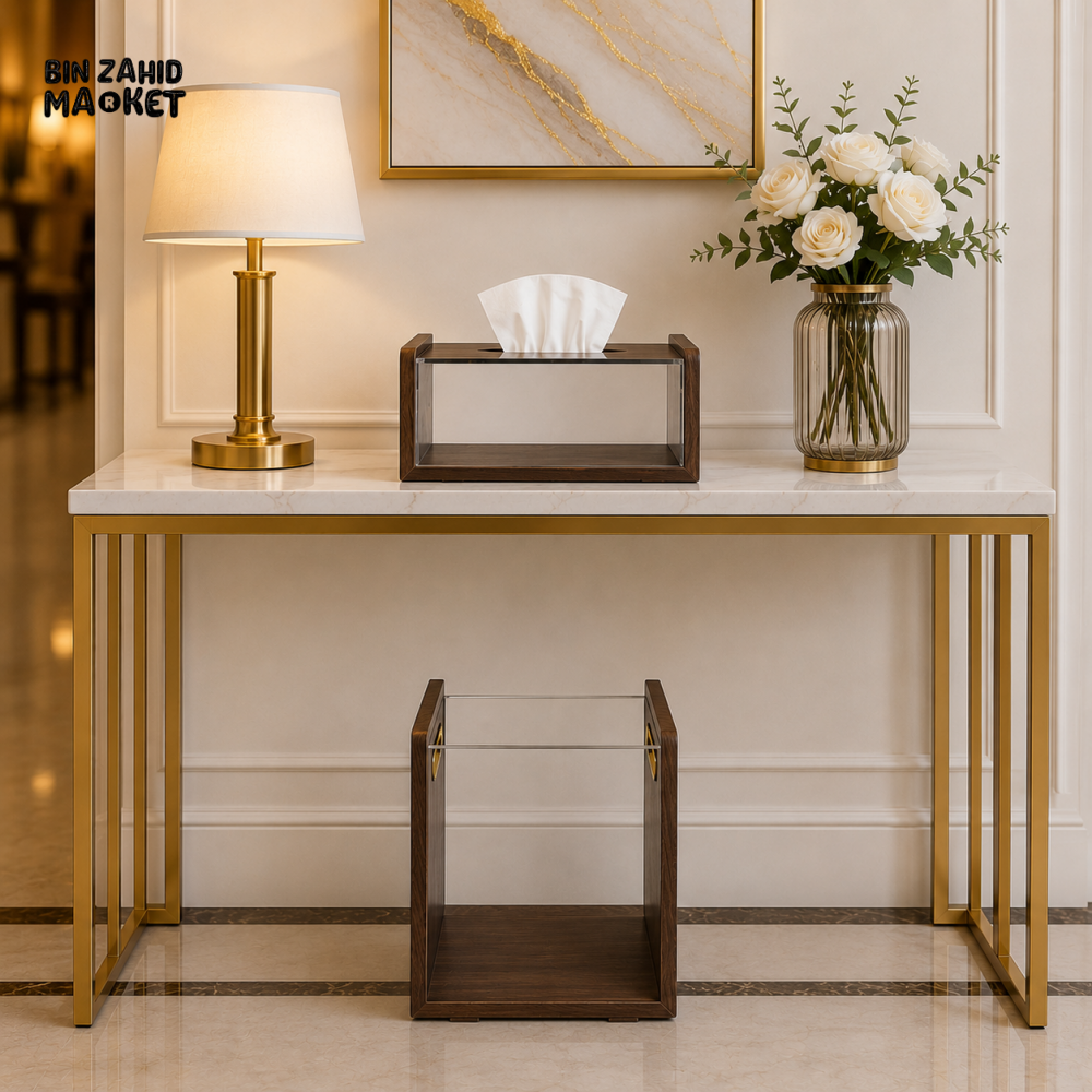 MODERN ACRYLIC & WOODEN TISSUE BOX WITH MATCHING DUSTBIN SET