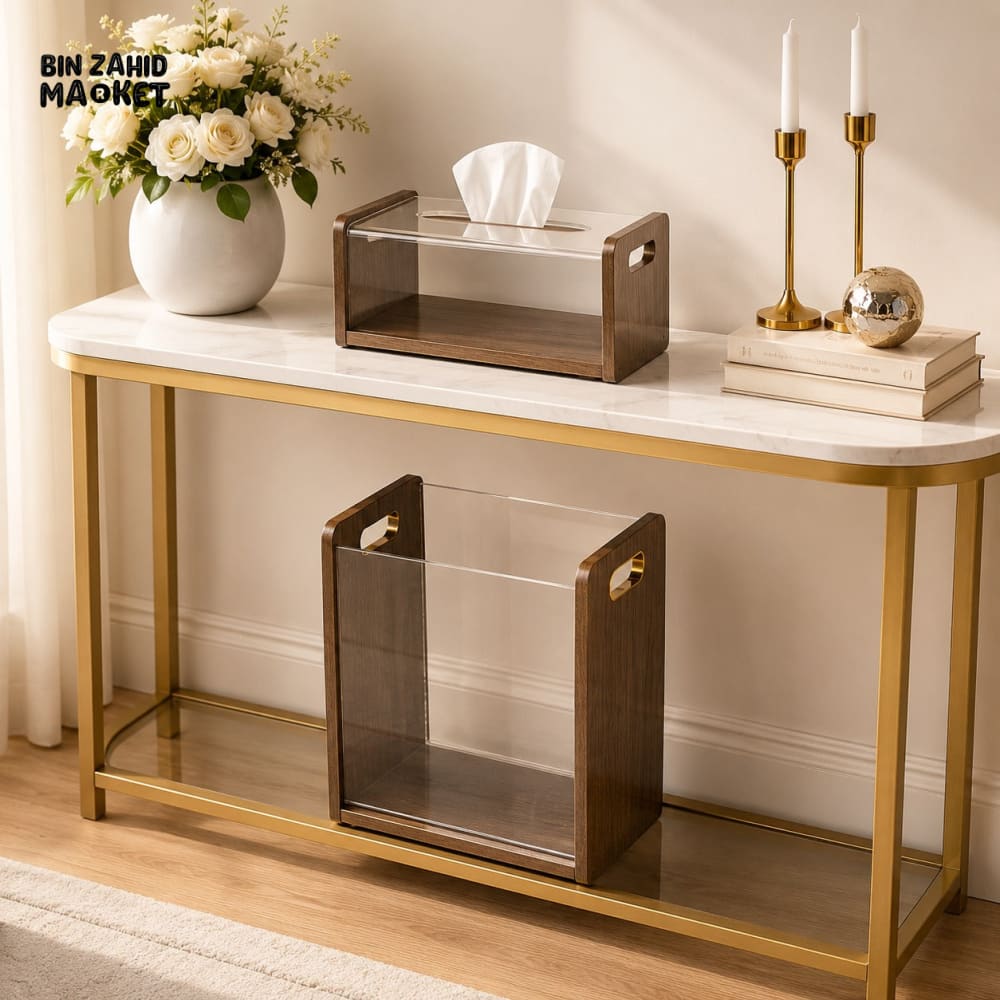 MODERN ACRYLIC & WOODEN TISSUE BOX WITH MATCHING DUSTBIN SET