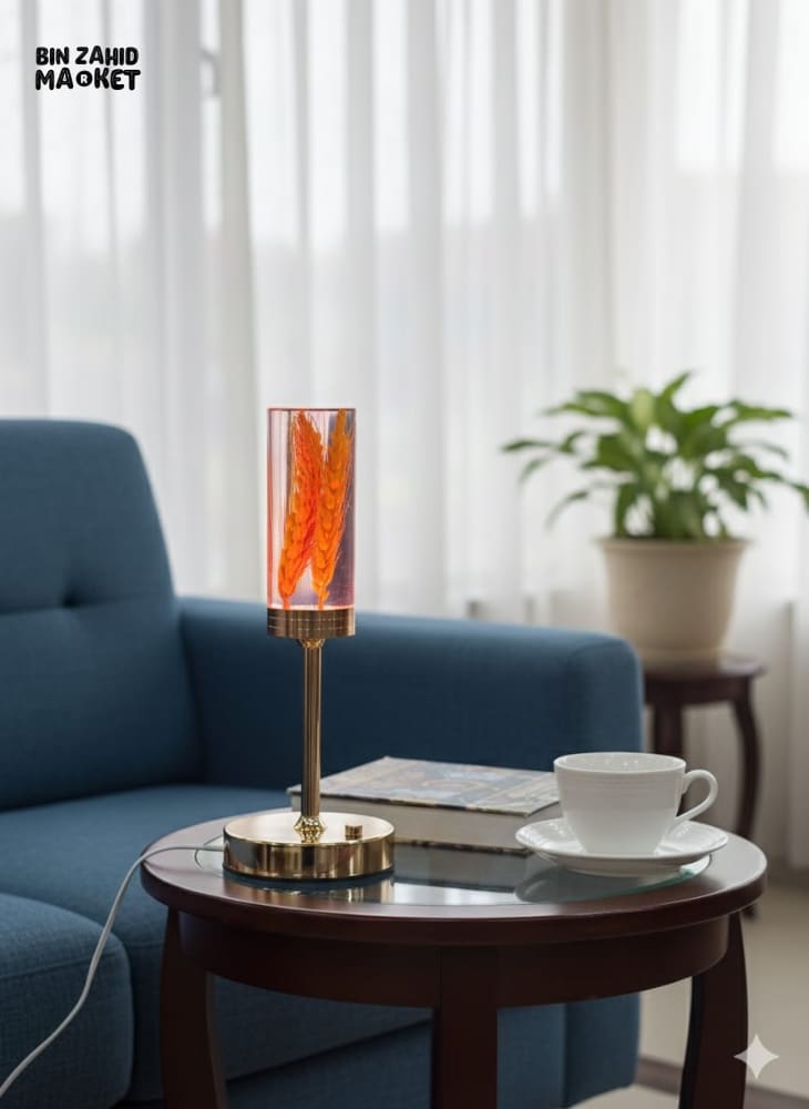 MODERN AMBIENT TABLE LIGHT – CYLINDER GLASS WITH DRIED WHEAT