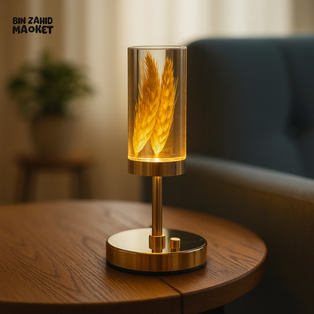 MODERN AMBIENT TABLE LIGHT – CYLINDER GLASS WITH DRIED WHEAT