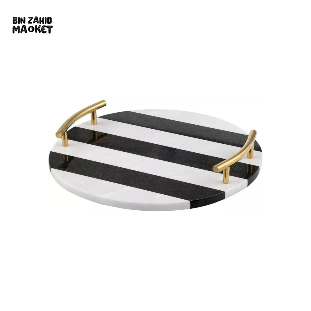 MODERN B&W MARBLE GRANITE TRAY WITH GOLD HANDLE
