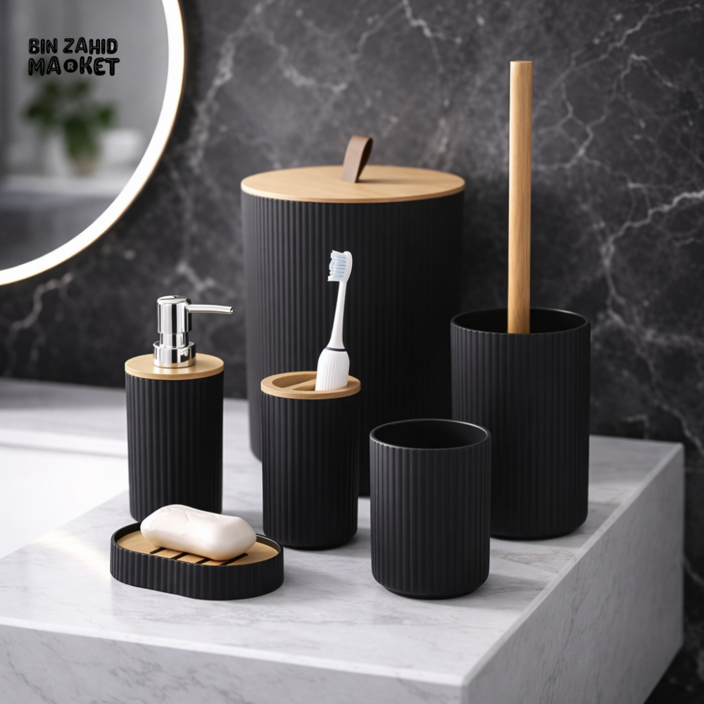 MODERN BATHROOM ACCESSORIES 6 PIECES SET - BLACK