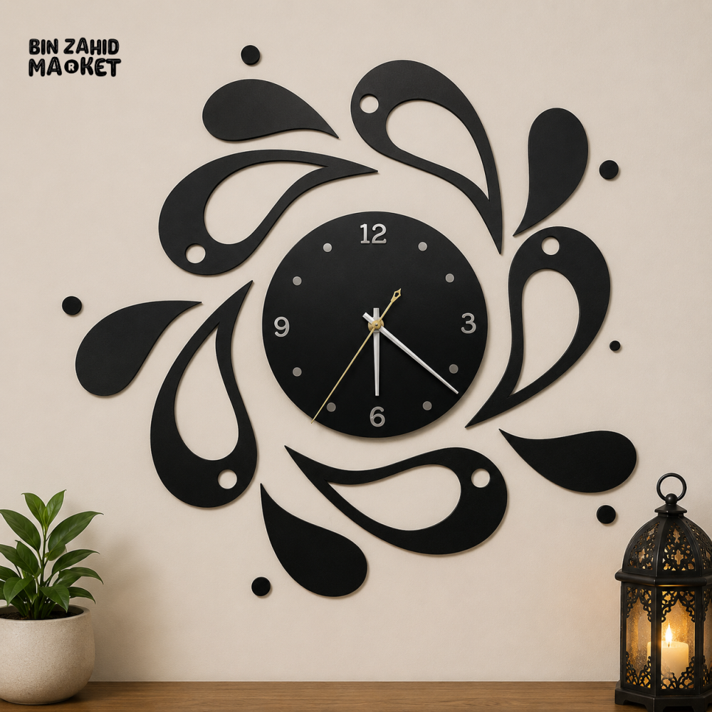 MODERN BLACK FLORAL SWIRL DECORATIVE WALL CLOCK