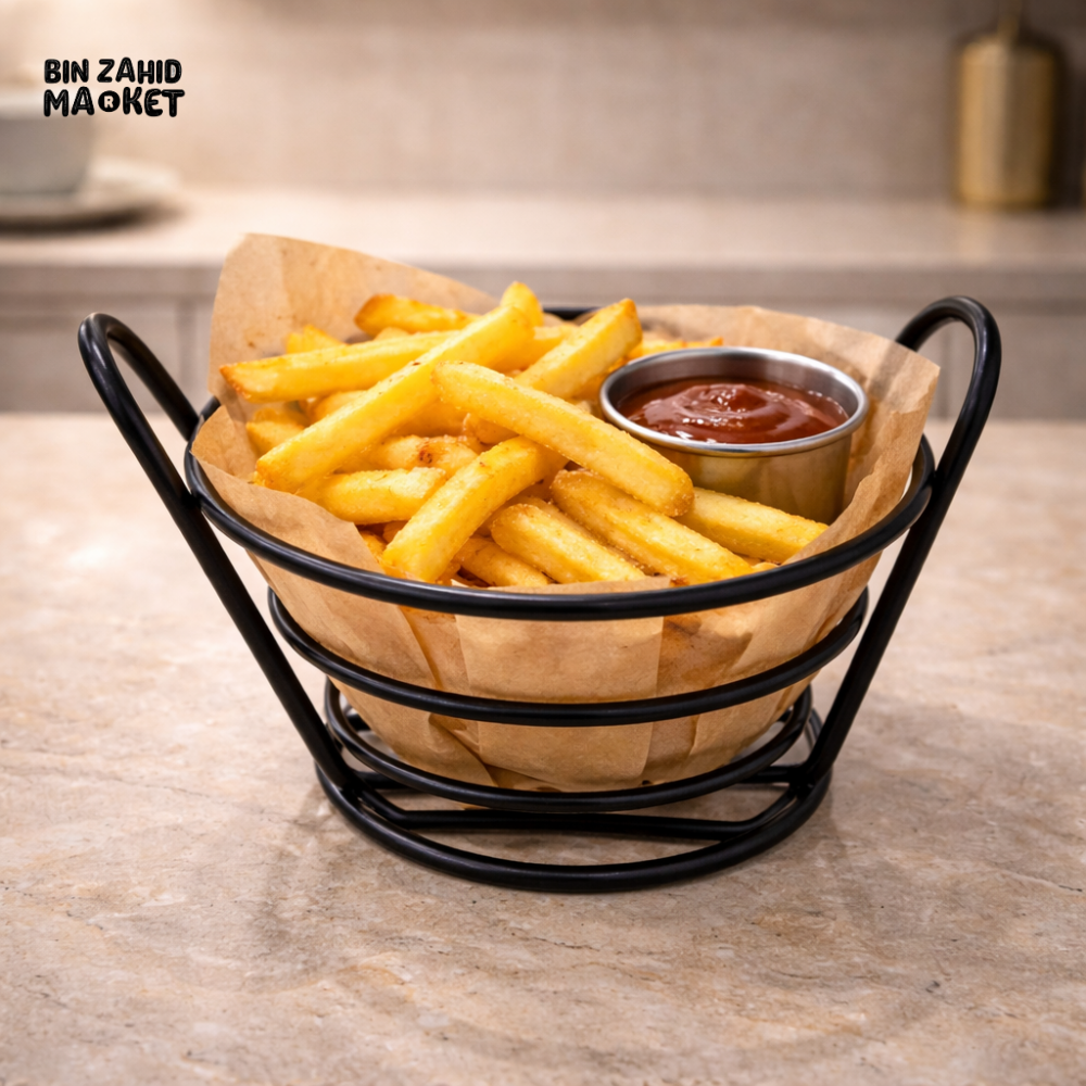 MODERN BLACK FRIES SERVING BASKET – RESTAURANT STYLE SNACK HOLDER