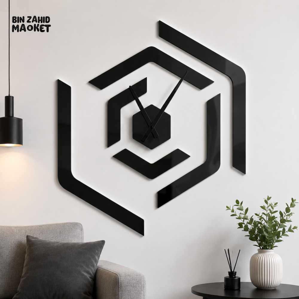 MODERN BLACK GEOMETRIC HEXAGON WALL CLOCK