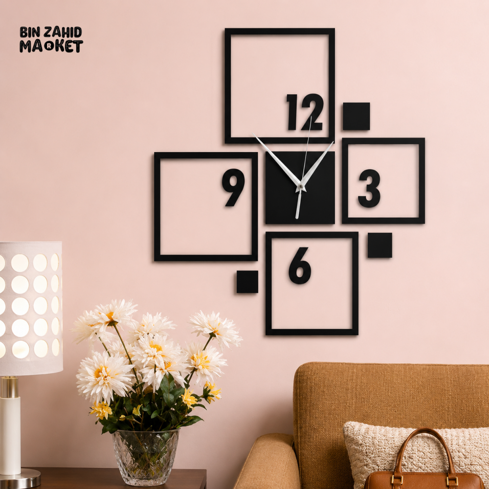 MODERN BLACK GEOMETRIC SQUARE FRAME WALL CLOCK