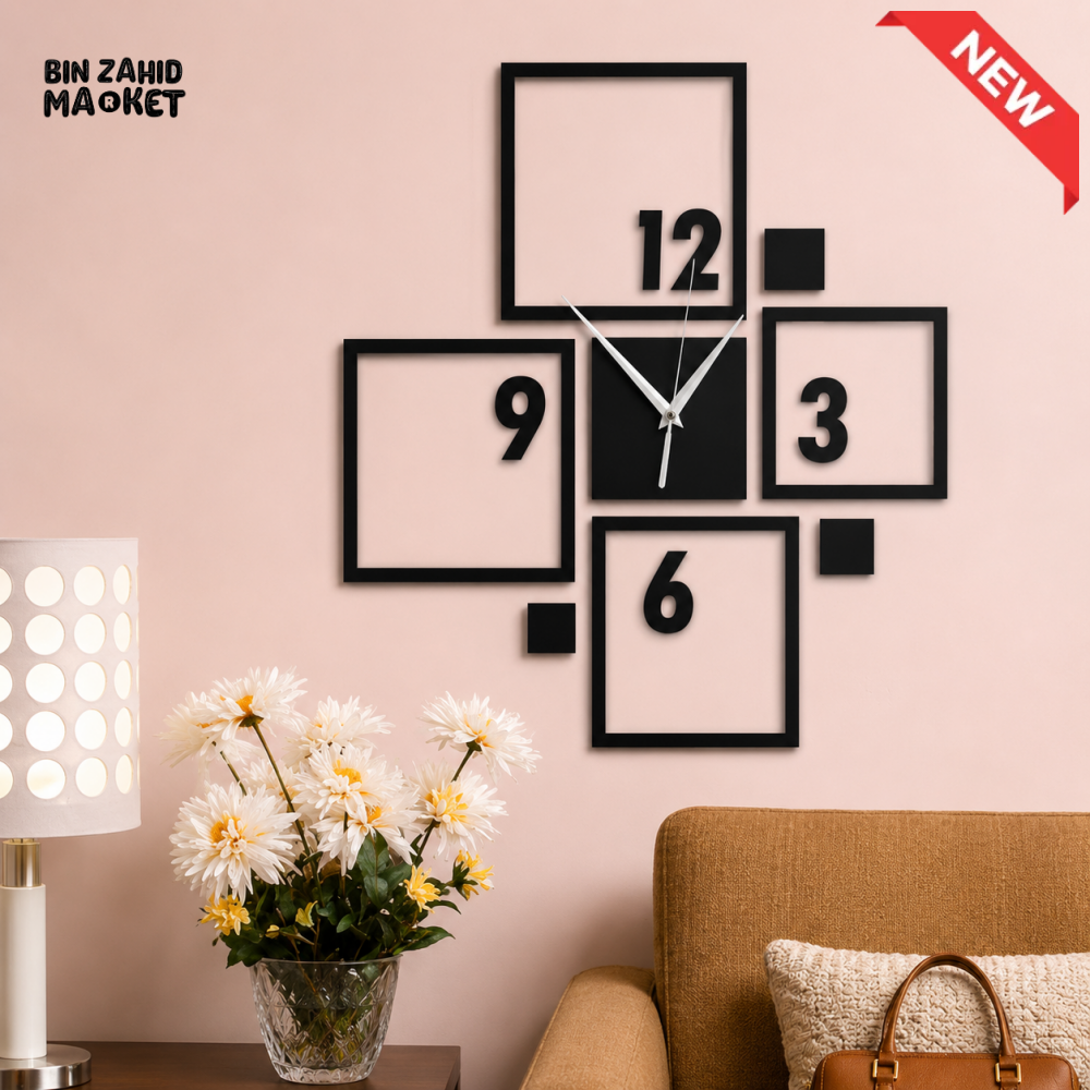 MODERN BLACK GEOMETRIC SQUARE FRAME WALL CLOCK