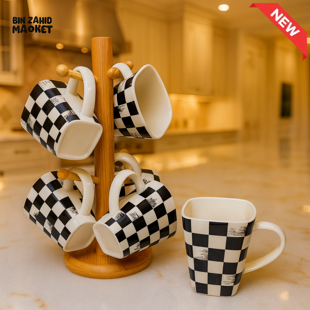 MODERN BLACK-WHITE MUG SET – 6 SQUARE CERAMIC CUPS ON BAMBOO TREE
