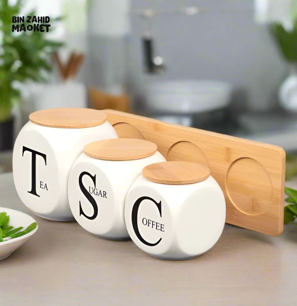 MODERN CERAMIC JAR SET – SUGAR TEA & COFFEE CONTAINERS WITH BAMBOO STAND