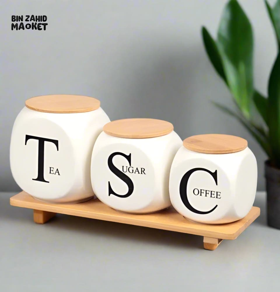 MODERN CERAMIC JAR SET – SUGAR TEA & COFFEE CONTAINERS WITH BAMBOO STAND