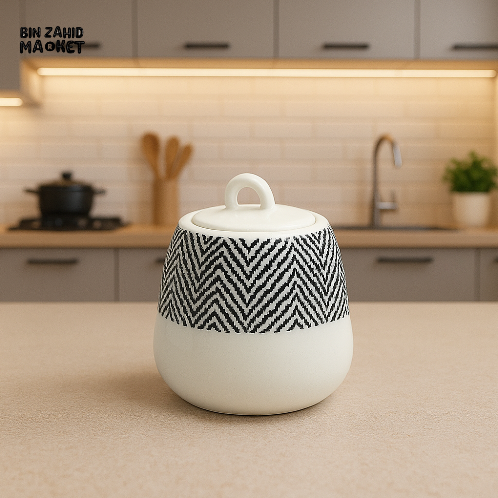MODERN CERAMIC SUGAR BOWL WITH LID – BLACK & WHITE PATTERN – LUXURY KITCHEN COUNTER DECOR