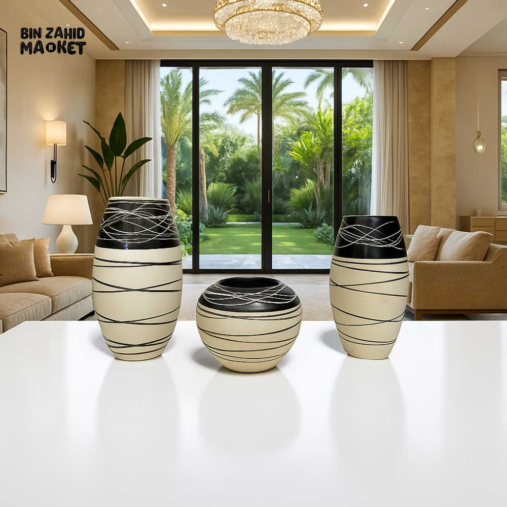 MODERN CERAMIC VASE SET – BLACK & BEIGE ABSTRACT STRIPE DESIGN LARGE