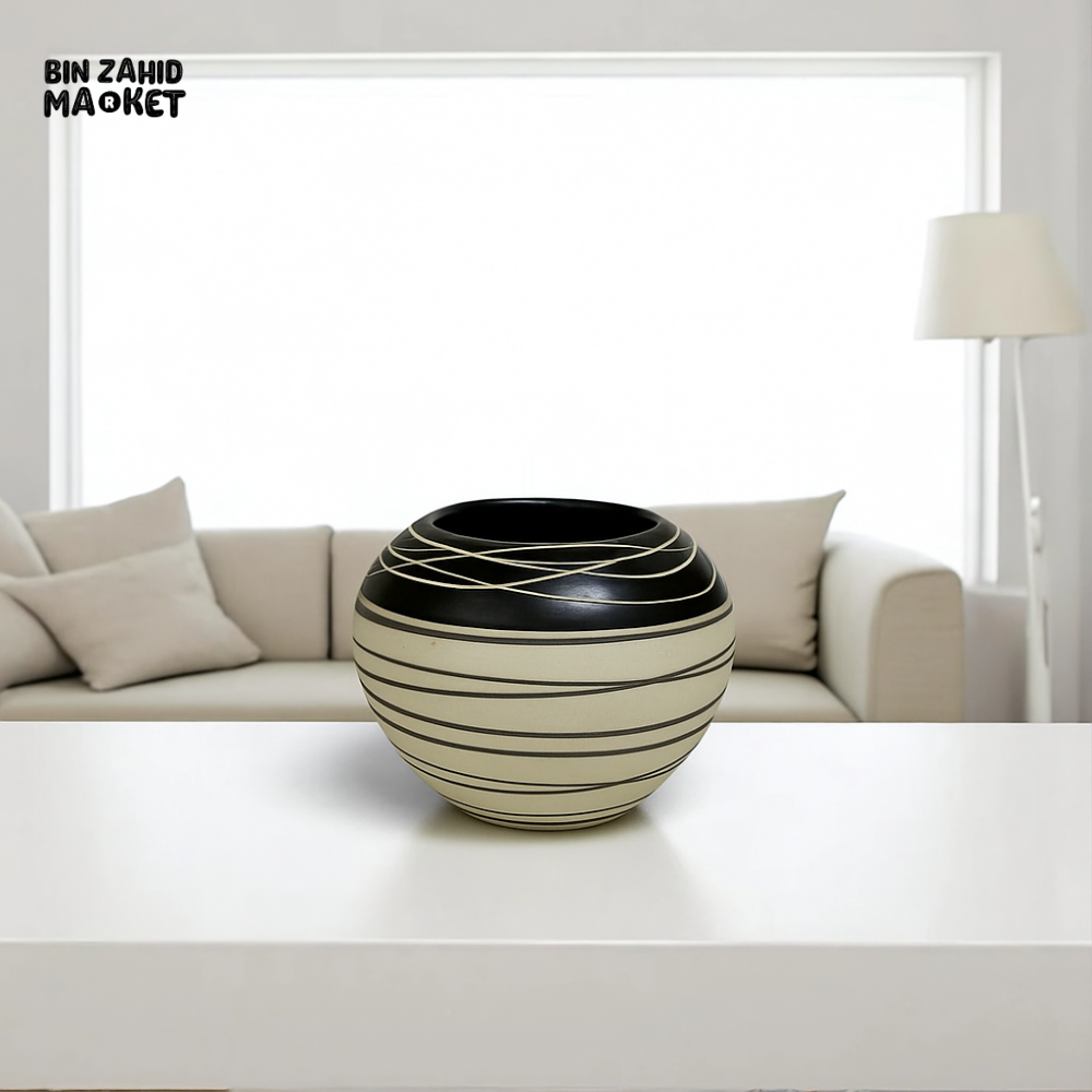 MODERN CERAMIC VASE SET – BLACK & BEIGE ABSTRACT STRIPE DESIGN SMALL