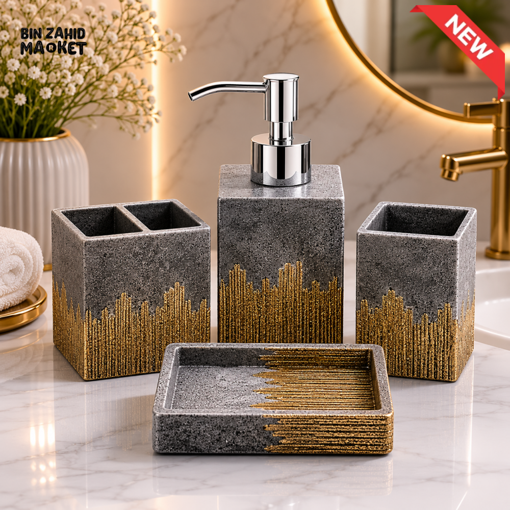 MODERN CHARCOAL & GOLD BATHROOM ACCESSORIES SET – 4 PIECES