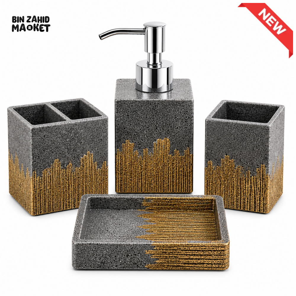 MODERN CHARCOAL & GOLD BATHROOM ACCESSORIES SET – 4 PIECES