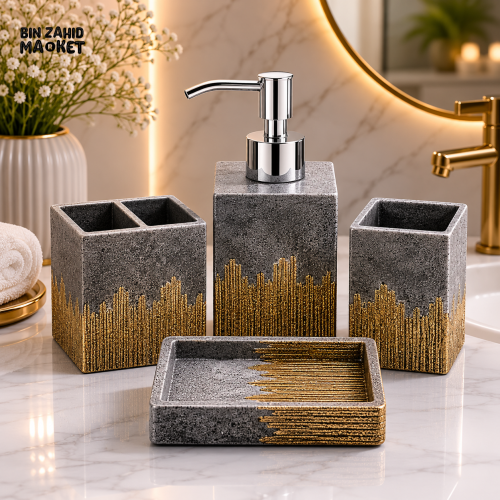 MODERN CHARCOAL & GOLD BATHROOM ACCESSORIES SET – 4 PIECES