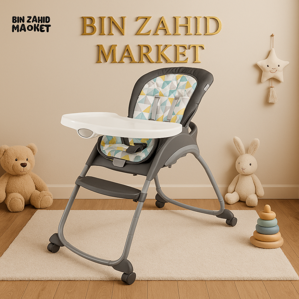 MODERN COMPACT BABY HIGH CHAIR WITH GEOMETRIC PRINT – FOLDABLE FEEDING SEAT WITH FOOTREST & WHEELS