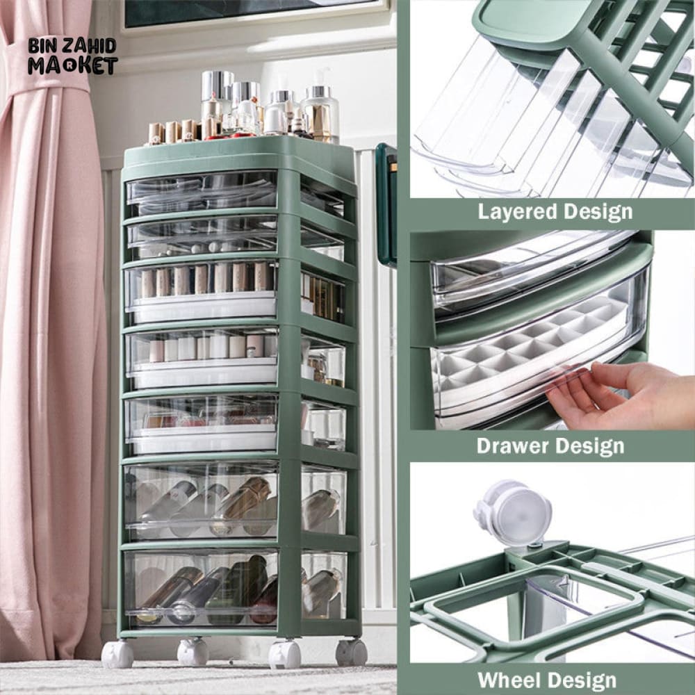 MODERN COSMETIC & MAKEUP ORGAZNIZER CART WITH HANDLE & LOCKABLE WHEELS
