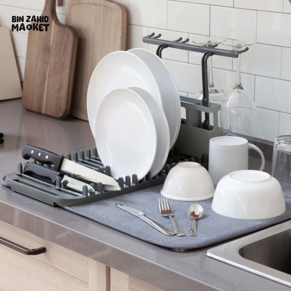 MODERN DISH DRYING RACK WITH MICROFIBRE MAT
