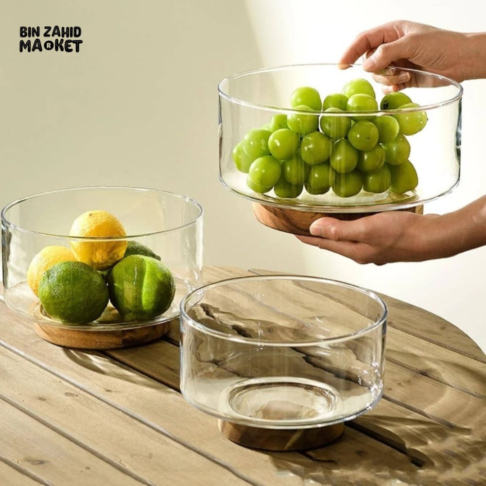 MODERN GLASS BOWL WITH PREMIUM WOODEN BASE Large