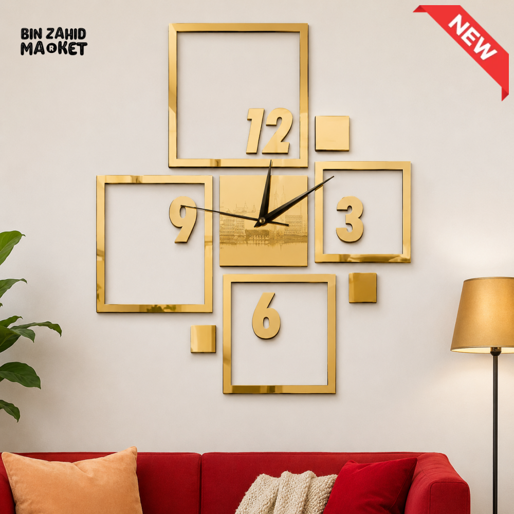 MODERN GOLD GEOMETRIC SQUARE FRAME WALL CLOCK
