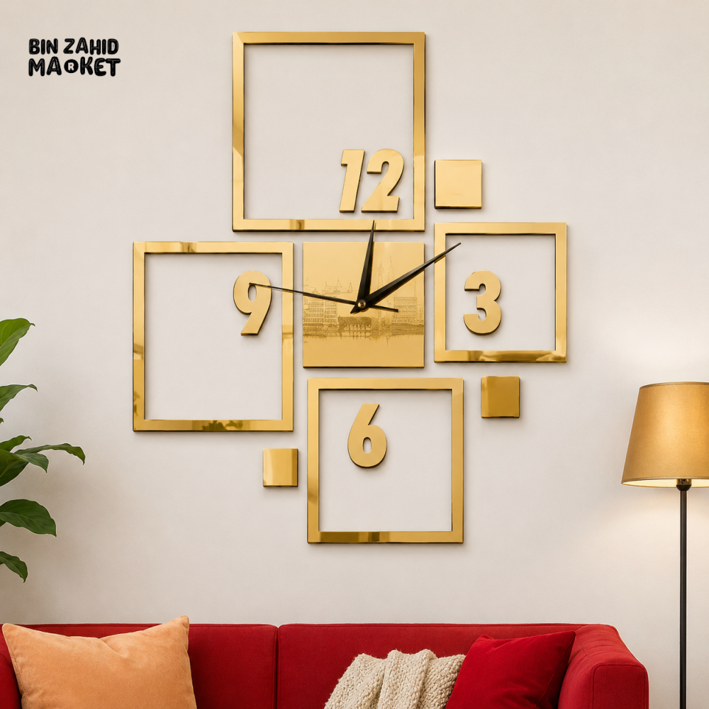 MODERN GOLD GEOMETRIC SQUARE FRAME WALL CLOCK