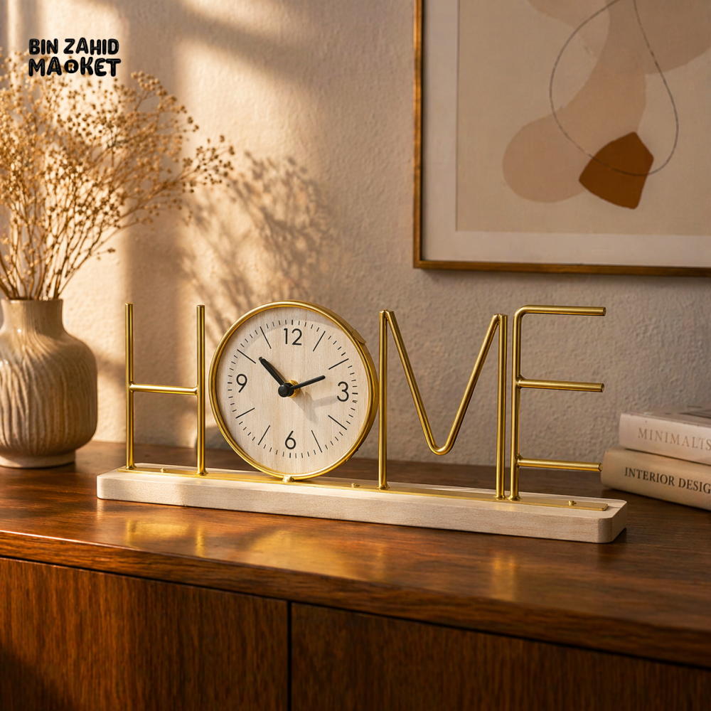 MODERN GOLD “HOME” TABLE CLOCK WITH WOOD BASE