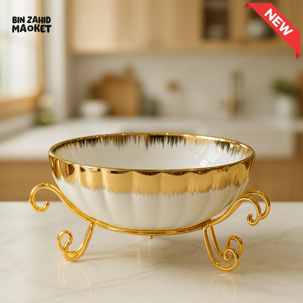MODERN GOLD STAND BOWL – CERAMIC SNACK & CANDY SERVER