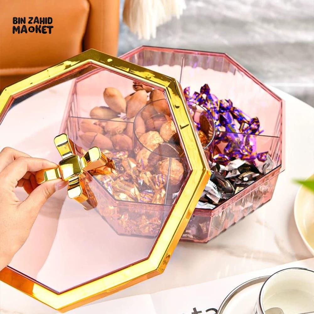 MODERN HEXAGON SNACK & DRY FRUIT ORGANIZER – GOLD LID LUXURY SERVING BOX