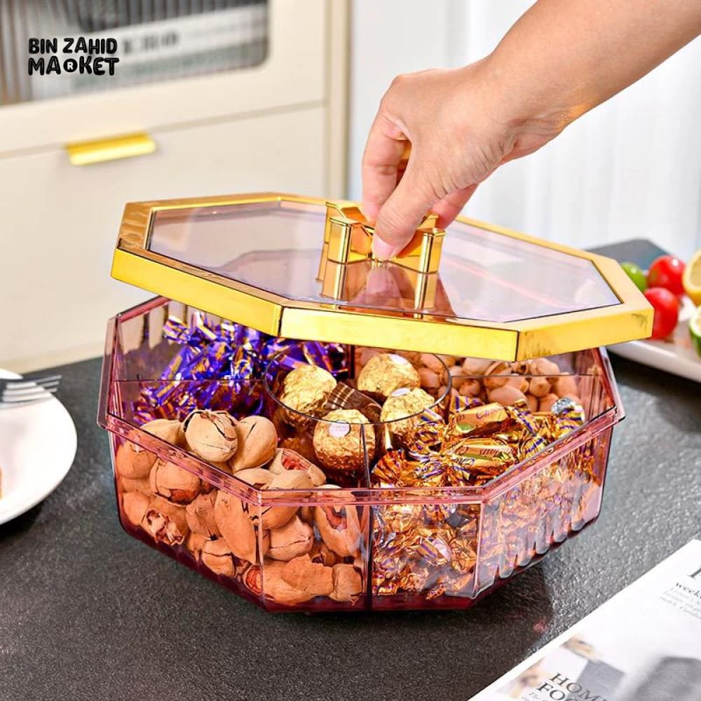 MODERN HEXAGON SNACK & DRY FRUIT ORGANIZER – GOLD LID LUXURY SERVING BOX