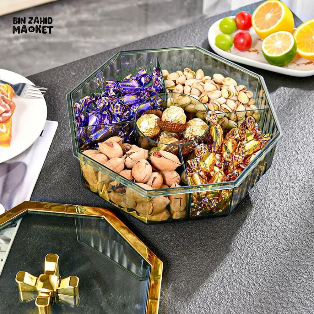 MODERN HEXAGON SNACK & DRY FRUIT ORGANIZER – GOLD LID LUXURY SERVING BOX