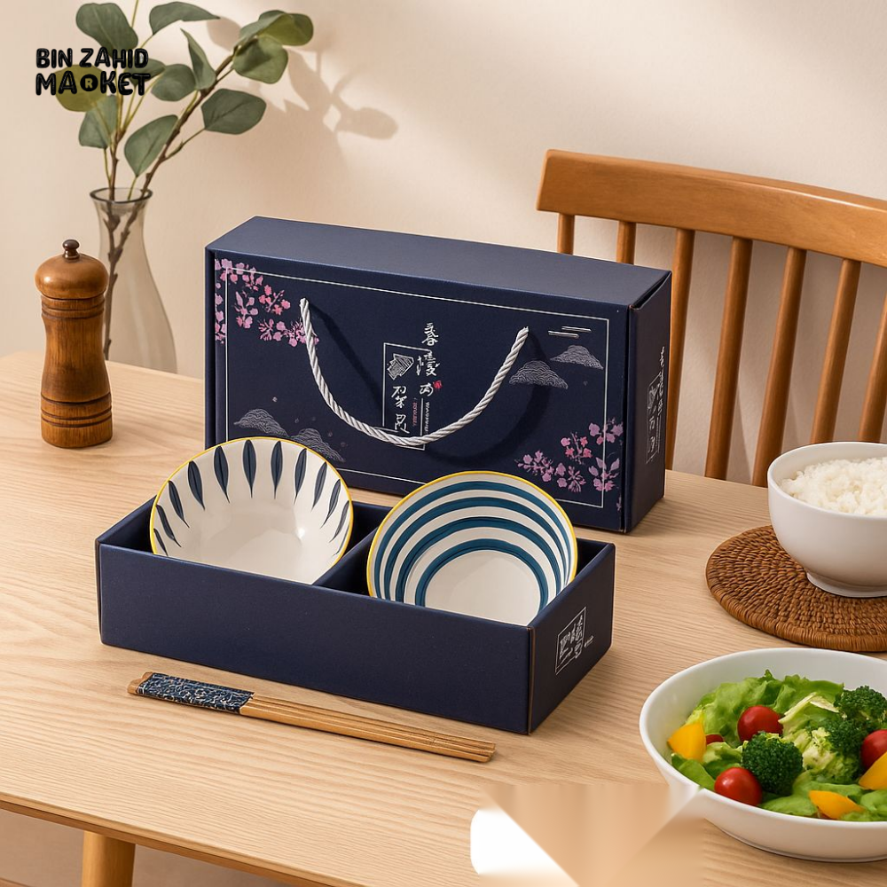 MODERN JAPANESE TABLEWARE SET – CERAMIC BOWLS WITH CHOPSTICKS & BOX - 2 PIECES SET