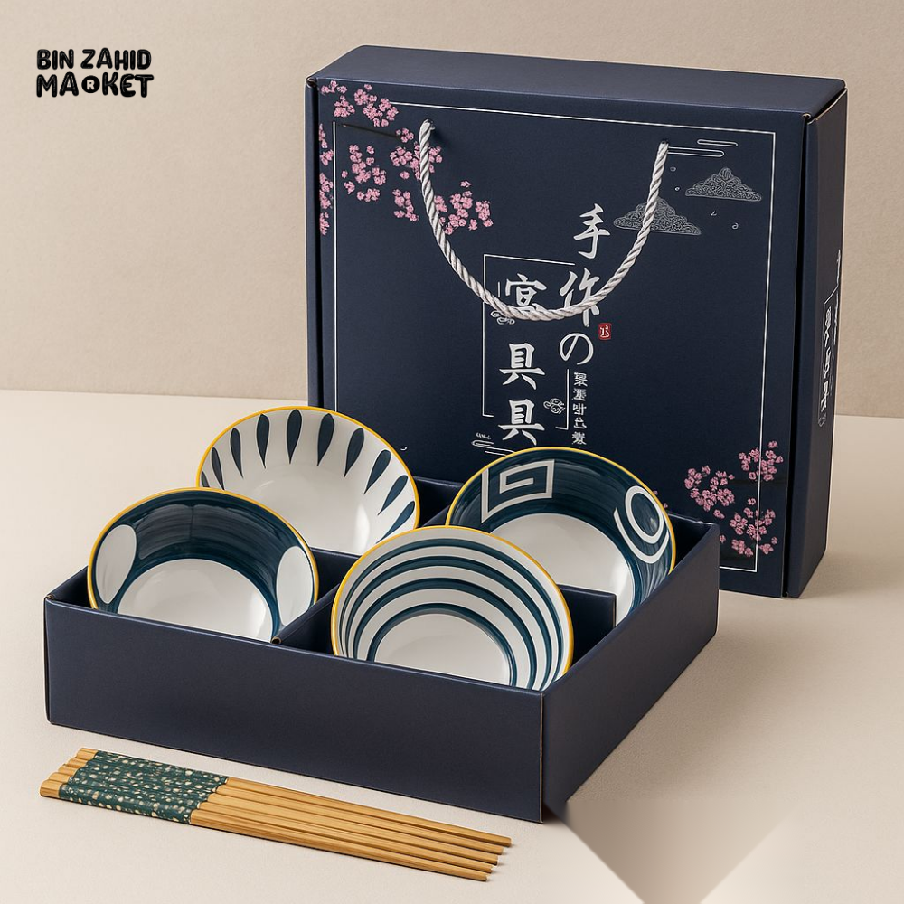 MODERN JAPANESE TABLEWARE SET – CERAMIC BOWLS WITH CHOPSTICKS & BOX - 4 PIECES SET