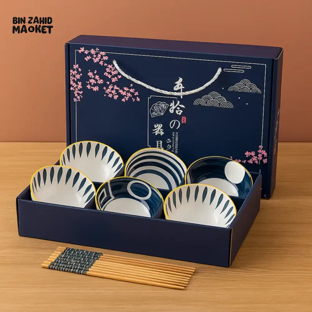 MODERN JAPANESE TABLEWARE SET – CERAMIC BOWLS WITH CHOPSTICKS & BOX - 6 PIECES SET