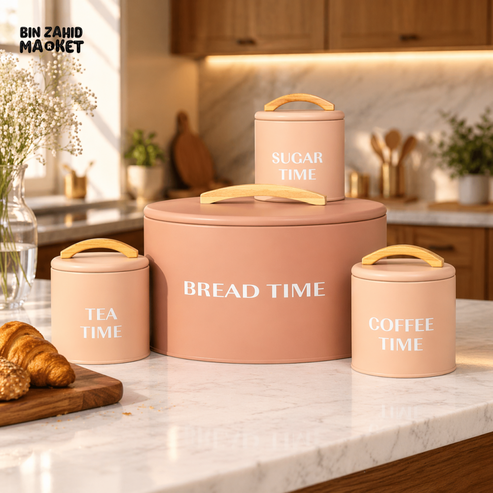 MODERN KITCHEN BREAD BIN & STORAGE CANISTER SET WITH WOODEN HANDLES (TEA COFFEE SUGAR) – PREMIUM METAL STORAGE SET