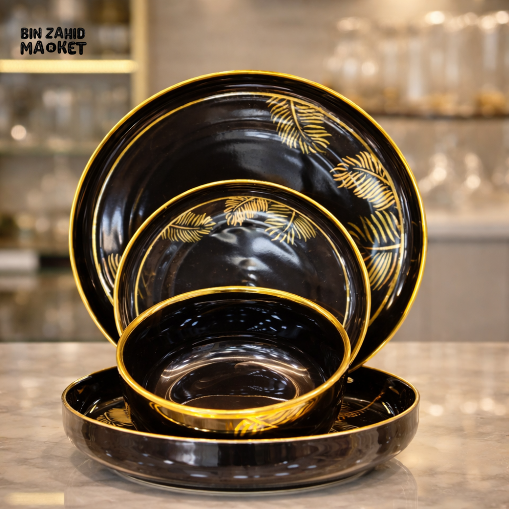 MODERN LEAF DESIGN CERAMIC TABLEWARE SET 24 PIECES - BLACK GOLD