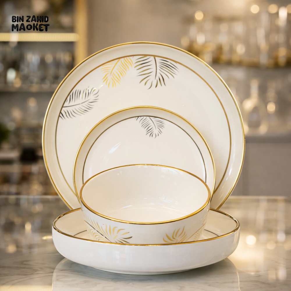 MODERN LEAF DESIGN CERAMIC TABLEWARE SET 24 PIECES - WHITE GOLD
