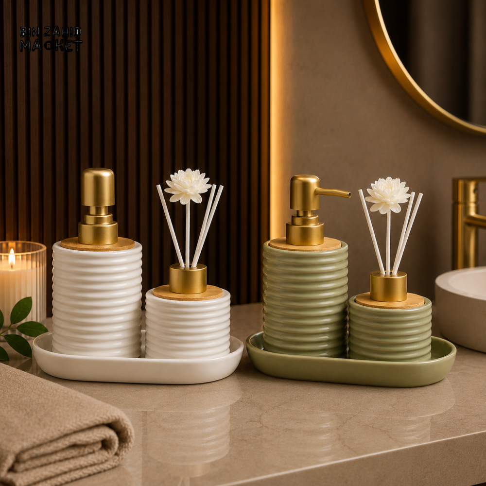 MODERN LUXURY PORCELAIN SOAP DISPENSER & DIFFUSER VANITY SET WITH DECORATIVE TRAY - BP-02