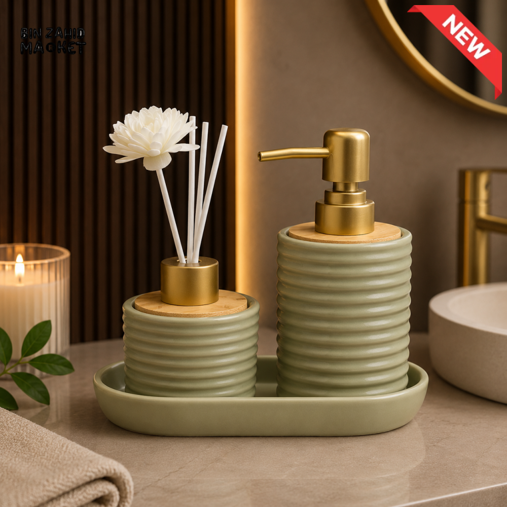MODERN LUXURY PORCELAIN SOAP DISPENSER & DIFFUSER VANITY SET WITH DECORATIVE TRAY - BP-02 - GREEN