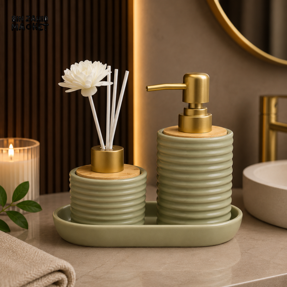 MODERN LUXURY PORCELAIN SOAP DISPENSER & DIFFUSER VANITY SET WITH DECORATIVE TRAY - BP-02 - GREEN