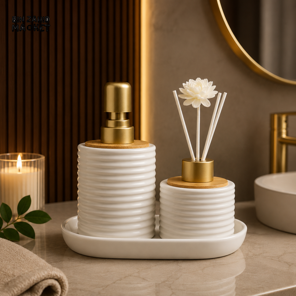 MODERN LUXURY PORCELAIN SOAP DISPENSER & DIFFUSER VANITY SET WITH DECORATIVE TRAY - BP-02 - White
