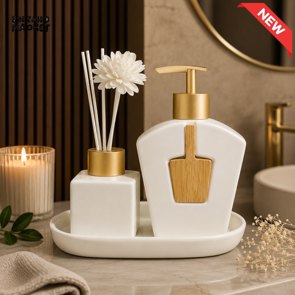 MODERN LUXURY PORCELAIN SOAP DISPENSER & DIFFUSER VANITY SET WITH DECORATIVE TRAY - BP-03