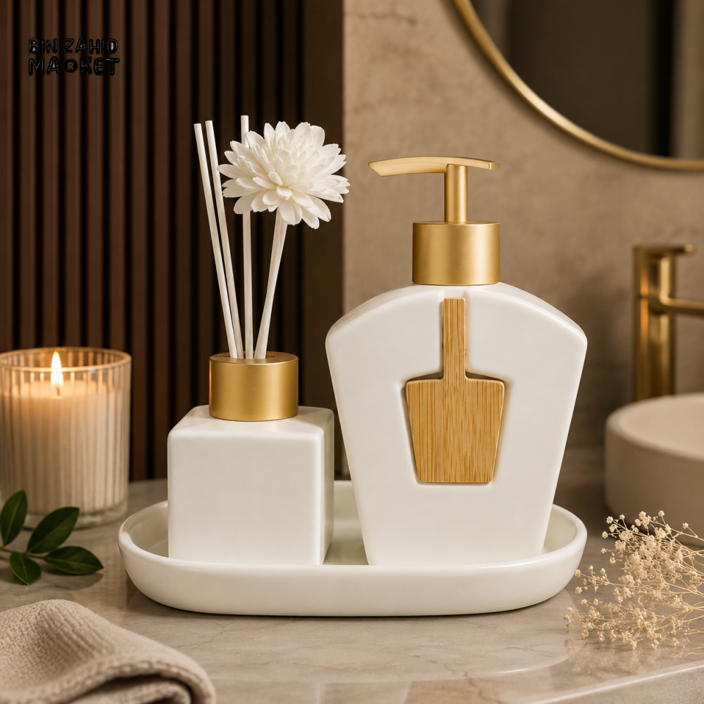 MODERN LUXURY PORCELAIN SOAP DISPENSER & DIFFUSER VANITY SET WITH DECORATIVE TRAY - BP-03