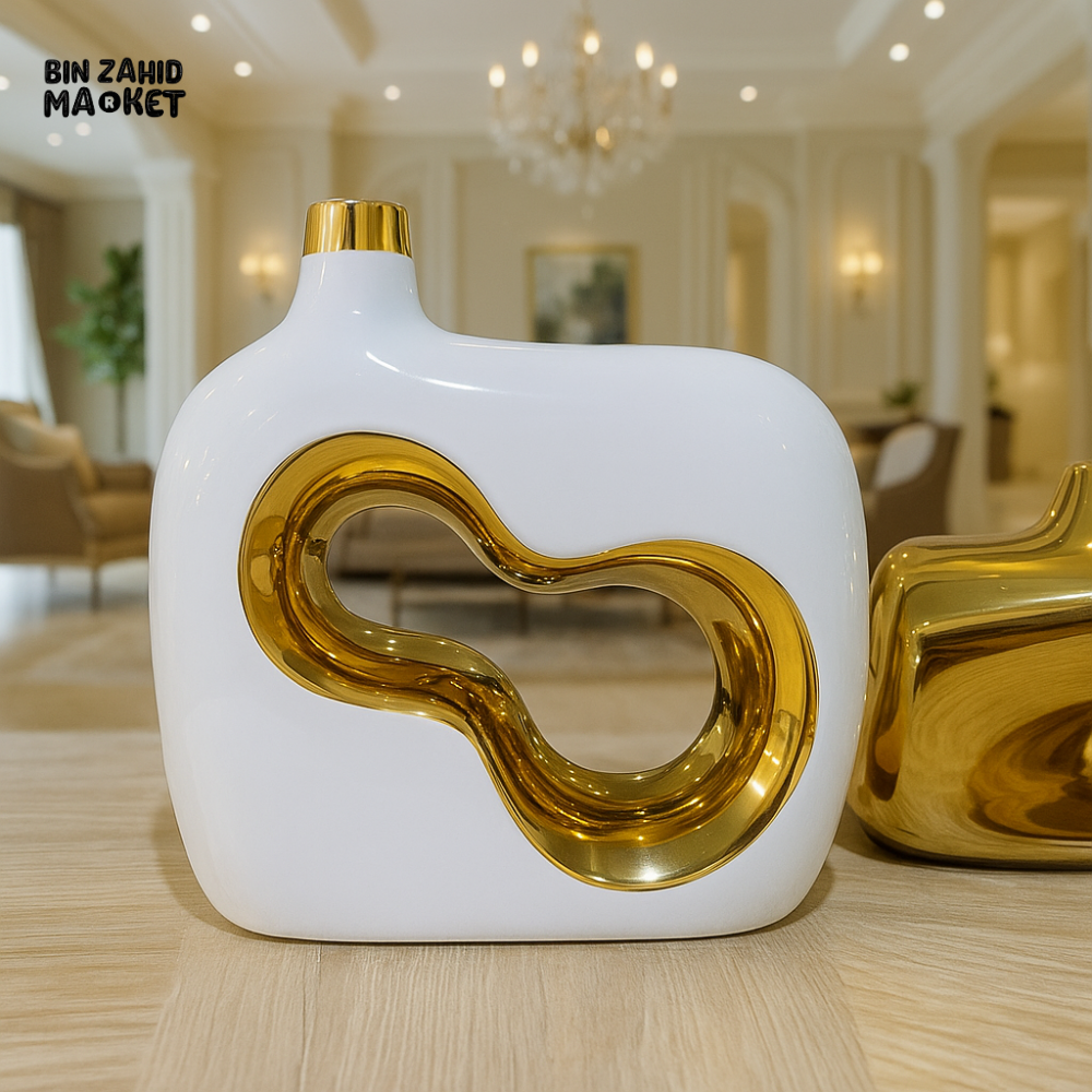 MODERN LUXURY WHITE CERAMIC VASE WITH GOLD ACCENT – DECORATIVE CENTERPIECE FOR VILLA INTERIOR