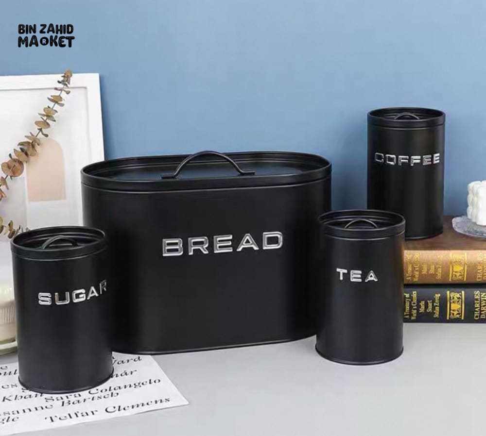 MODERN METAL BREAD BOX STORAGE SET WITH SUGAR TEA & COFFEE CANISTERS – KITCHEN COUNTER ORGANIZER SET
