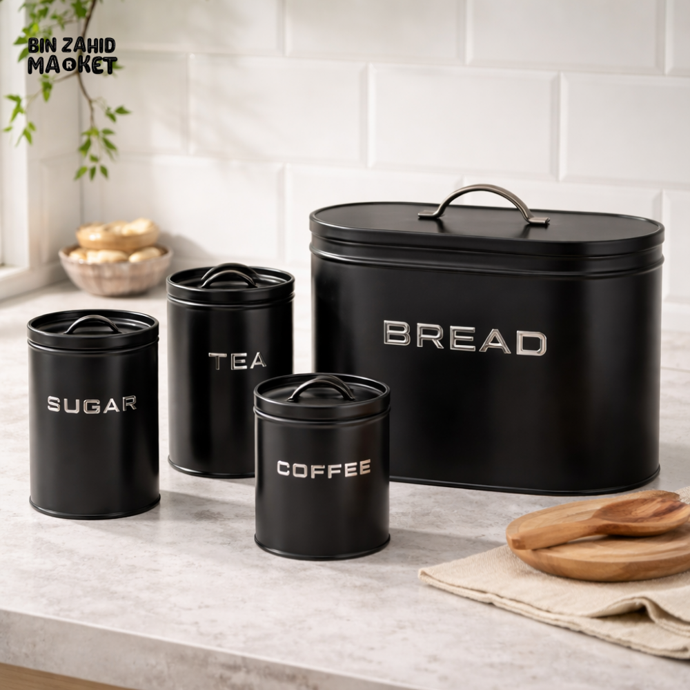 MODERN METAL BREAD BOX STORAGE SET WITH SUGAR TEA & COFFEE CANISTERS – KITCHEN COUNTER ORGANIZER SET