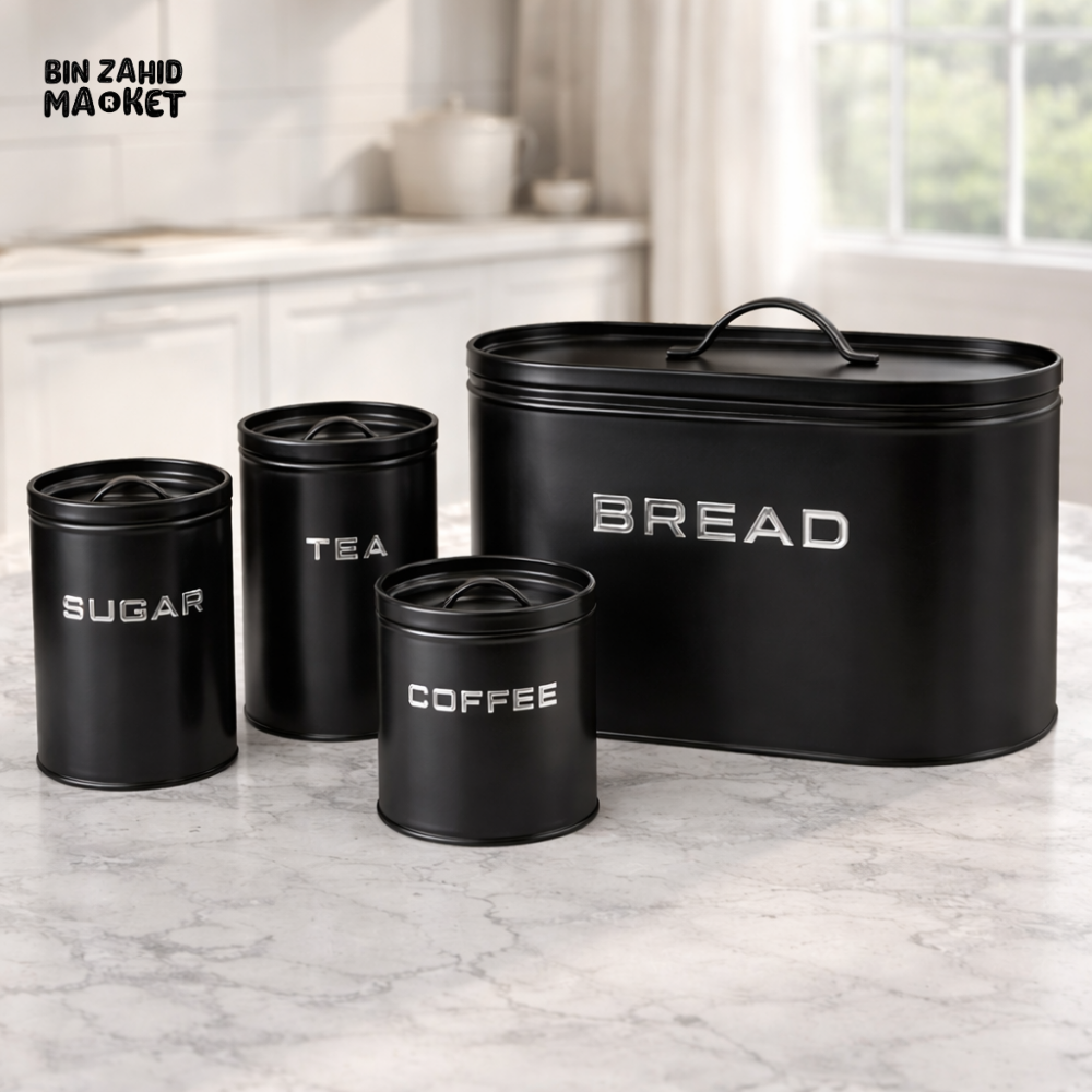 MODERN METAL BREAD BOX STORAGE SET WITH SUGAR TEA & COFFEE CANISTERS – KITCHEN COUNTER ORGANIZER SET